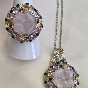 Floral Carved Galilea Rose Quartz, Multi Gemstone ION Plated Ring And Pendant